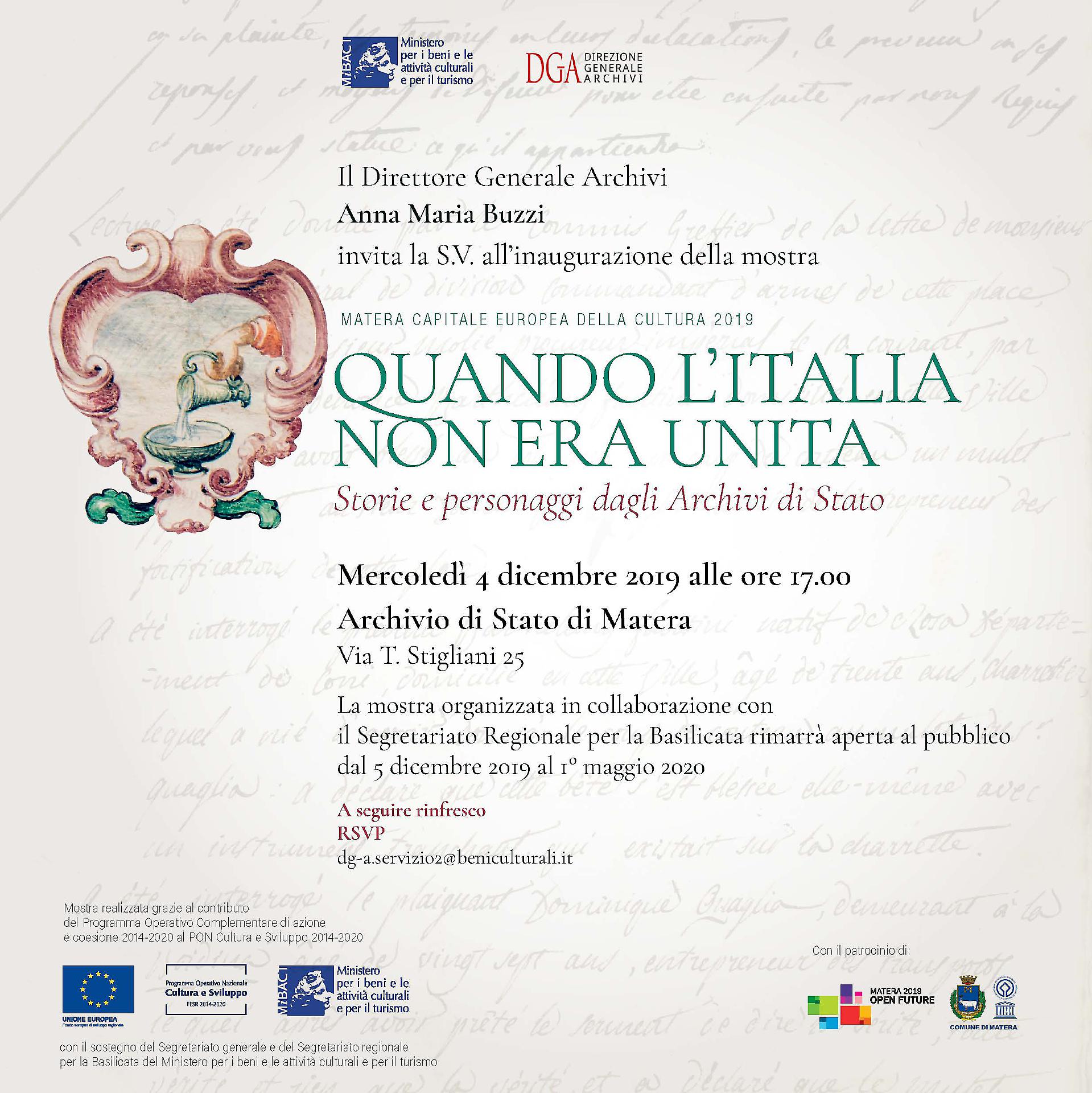 “Quando l’Italia non era unita. Storie e personaggi dall’Archivio di Stato”, domani inaugurazione a Matera