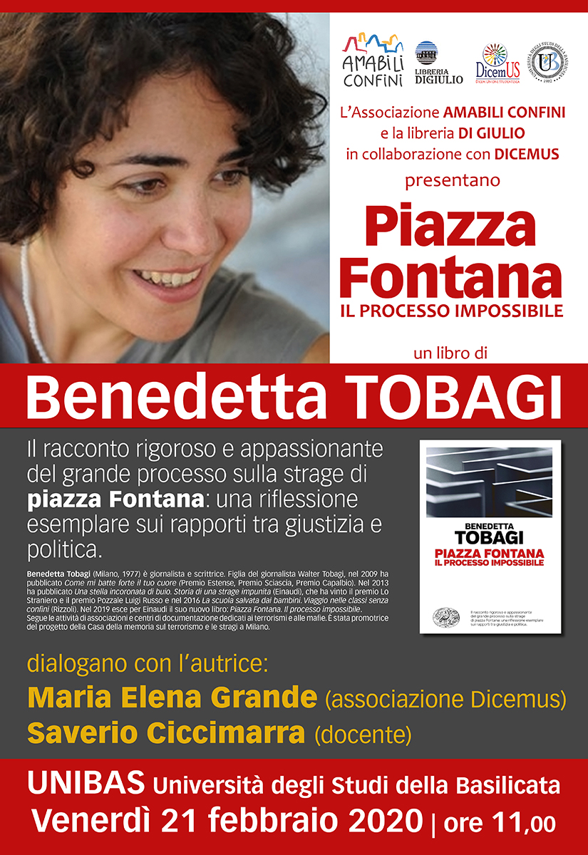 Matera, il 21 la scrittrice Benedetta Tobagi presenta “Piazza Fontana. Il processo impossibile”