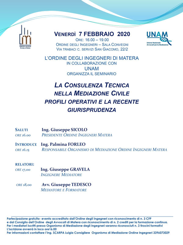 “La consulenza tecnica nella mediazione civile”, domani seminario a Matera