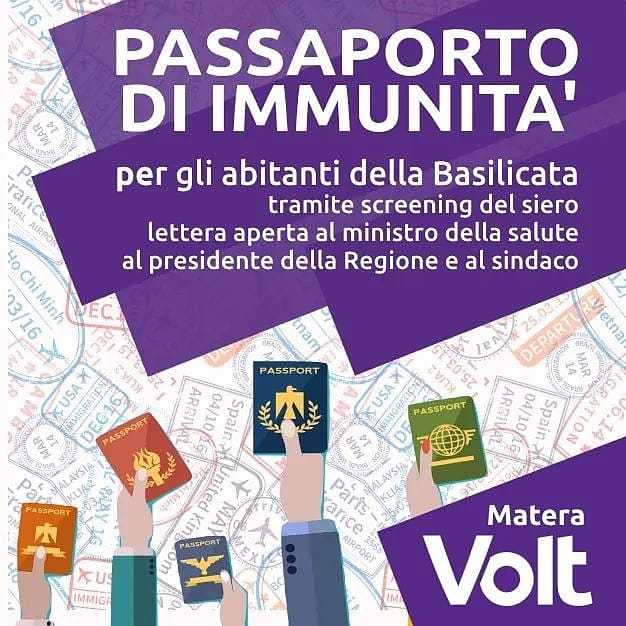 Passaporto di Immunità agli abitanti della Basilicata attraverso screening sierologico, lettera aperta Volt Matera