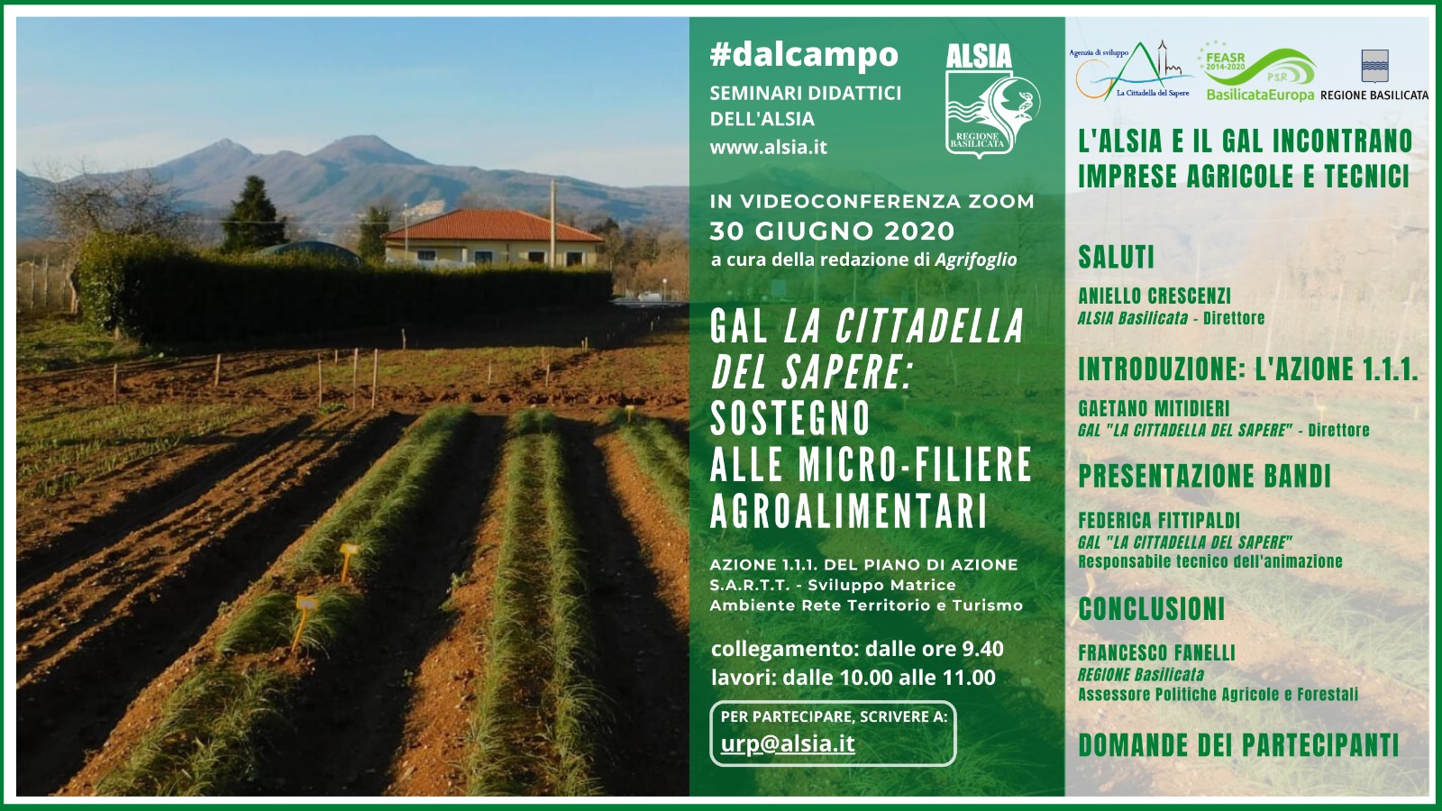 #dalcampo, in Basilicata partono i bandi del GAL “La cittadella del sapere” per le micro-filiere agroalimentari. Seminario ALSIA in videoconferenza il 30
