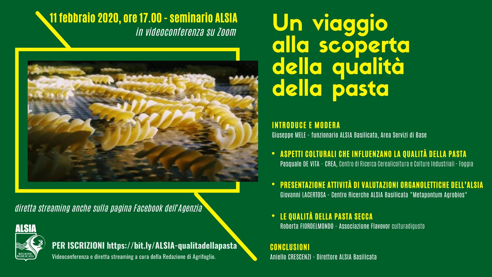 “Un viaggio alla scoperta della qualità della pasta”: l’11 seminario ALSIA in videoconferenza