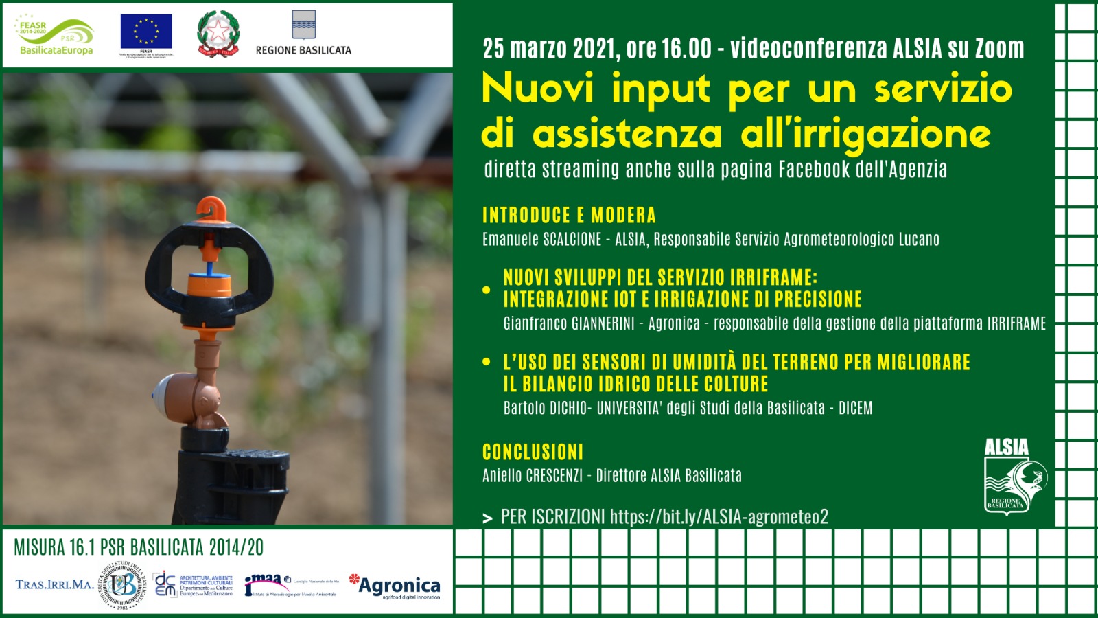 “Nuovi input per un servizio di assistenza all’irrigazione”: il 25 seminario ALSIA in videoconferenza