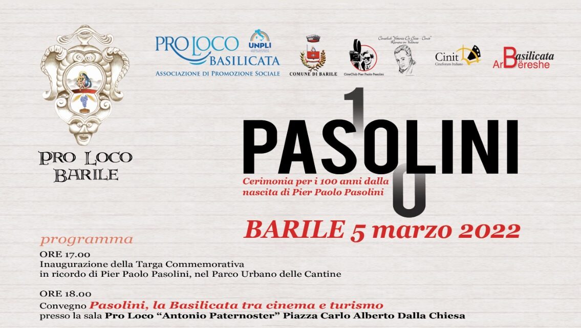 Barile, cerimonia a 100 anni dalla nascita di Pasolini. Nel Parco delle Cantine sarà affissa una targa dal Comune e dalla Pro Loco