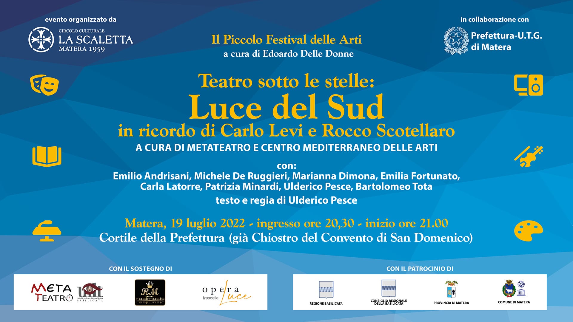 Il teatro di Ulderico Pesce il 19 a Matera per il Piccolo Festival delle Arti organizzato dal Circolo culturale La Scaletta in collaborazione con la Prefettura