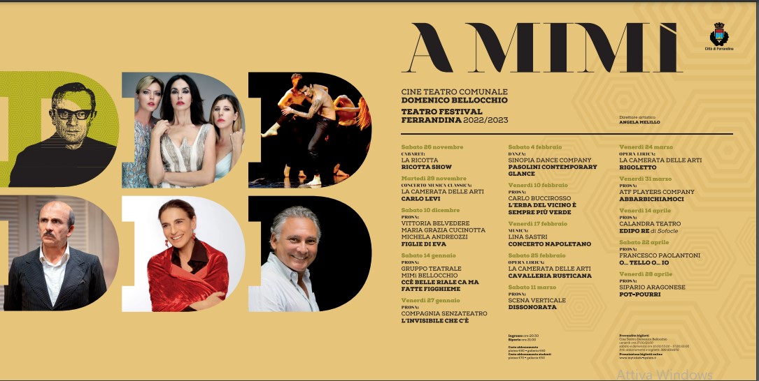“A Mimì -Teatro Festival Ferrandina”: prosa, musica, danza per la stagione 2022 diretta da Angela Melillo. Il 26 la conferenza stampa e lo spettacolo del trio La Ricotta