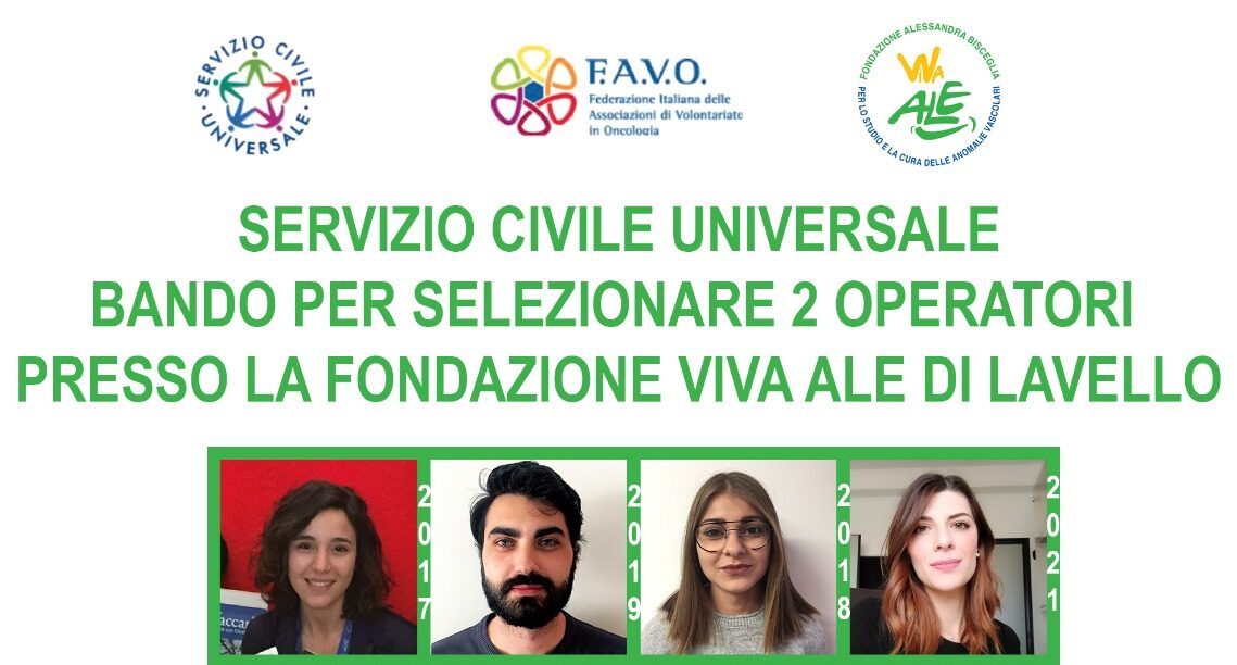 Servizio civile “Favo”, bando per due volontari alla fondazione ViVa Ale di Lavello