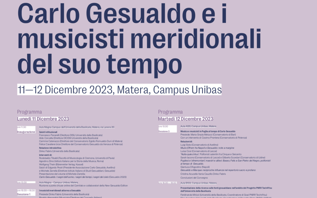 L’Unibas e Romagna Music promuovono due giornate di studio internazionali “Carlo Gesualdo e i musicisti meridionali del suo tempo” l’11 e il 12 dicembre a Matera