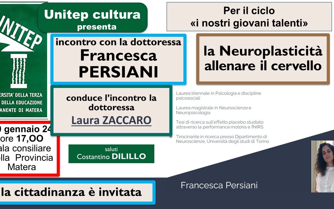 “La Neuroplasticità: allenare il cervello”, incontro Unitep il 10 a Matera con la psicologa Francesca Persiani
