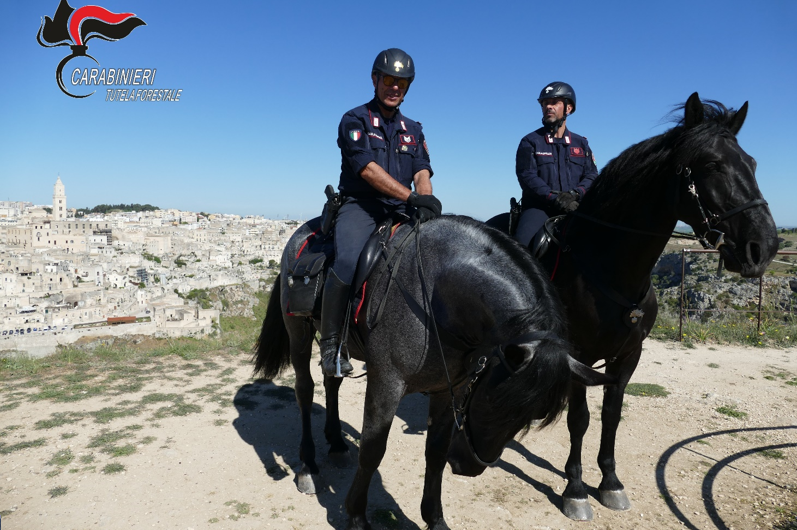 Pattugliamento a cavallo del Gruppo Carabinieri forestale nel Parco Archeologico Storico Naturale delle Chiese Rupestri del Materano
